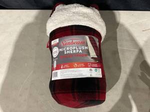 lot 473 image: Sunbeam Throw Red & Black Buffalo Plaid Microplush Sherpa (Faux Shearling), 4 Heat Settings, 4-Hour Auto Shut-Off, Electric Heated Blanket