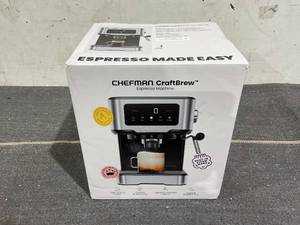 lot 195 image: Chefman CraftBrew 15-Bar Espresso Machine w Steam Wand and Touch Controls  Stainless Steel