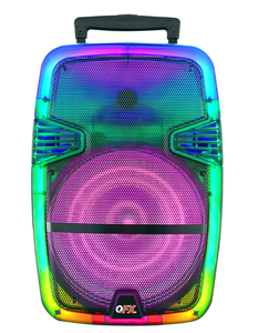 lot 65 image: QFX Wireless Bluetooth Rechargeable Portable Speaker with Party Lights, Multicolor, TMS-1560