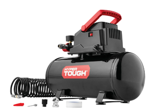 lot 69 image: Hyper Tough 3 Gallon Oil-free Portable Air Compressor with Hose & Inflation Accessory Kit, 100 PSI