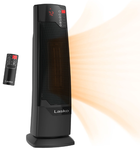 lot 198 image: Lasko 22 1500W Oscillating Ceramic Tower Space Heater with Remote, Black, CT22835