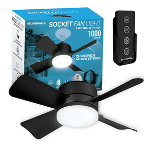 lot 368 image: BellHowell Socket Fan Light 15.4 Black 1000 Lumens LED Ceiling Fan with Remote Control