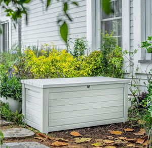 lot 655 image: Keter Outdoor Storage Deck Box, 150 Gallon Resin Patio Bin & Bench