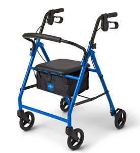 lot 697 image: Medline Steel Rollator Walker for Adult, Blue, 350 lb. Weight Capacity, 6 Wheels, Foldable, Adjustable Handles