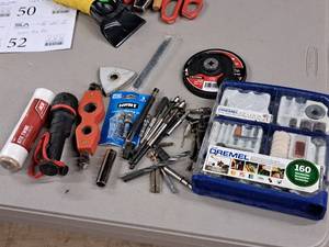 lot 48 image: Lot of  Assorted Hand Tools Attachments and Accessories - Kite Twine, Dremel Rotary Tool Set, Drill Bits, Detail Sander Head, Flashlight and more