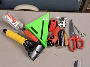 lot 49 image: Lot of (9) Assorted Hand Tools - Scissors, Cutters, Drywall Knife, Scrapers, Square