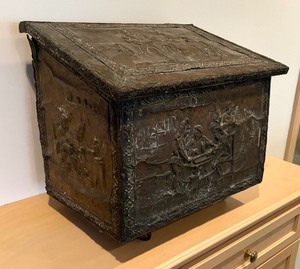 lot 30 image: Antique Fireplace Copper Repousse Raised Relief Wood  Ash Box