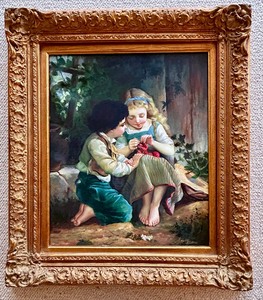 lot 7 image: Original Framed Oil on Canvas The Knitting Lesson after the Famous Emile Munier