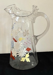 lot 123 image: Antique Crimped Edge Hand Painted Glass Pitcher
