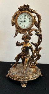 lot 129 image: Vintage Small New Haven Figural Brass Clock with Cherub