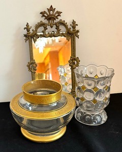 lot 130 image: Vintage Golden Accented Dishes and Mirror including a Vintage Kemple Glass Spooner Moon and Star Jeweled Clear Glass