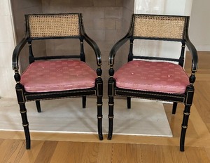 lot 150 image: Pair of Vintage Ebonized, Gilt and Caned Side Arm Chairs