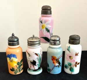 lot 153 image: Five Hand Painted Antique Glass Salt and Pepper Shakers