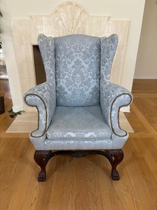 lot 24 image: Elegant Queen Anne Style Light Blue High Back Armchair