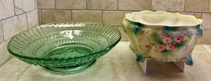 lot 105 image: Antique R.S. Prussia Footed Bowl, Candy Bowl, Nut Dish, Serving Bowl and Stunning Vintage Green Glass Dish