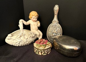 lot 263 image: Vintage Trinket Boxes Cherub Figurine Dish and Petite Mirror