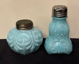lot 105A image: Antique Scrolled Blue Opaque Salt  Pepper Shakers