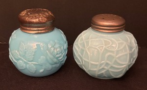 lot 281 image: Antique Blue Milk Glass Salt  Pepper Shakers