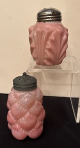 lot 69C image: Consolidated Glass Rose Blosj Palm Leaf and Pink Florette Salt or Pepper Shakers