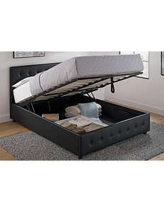 lot 56 image: Ameriwood Cambridge Upholstered Bed with Gas-Lift Underbed Storage - Queen, Black Leather-Look 85-12L x 62-12W x 42-12H