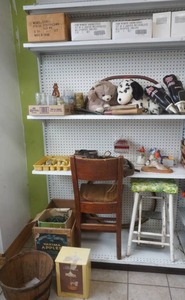 lot 49 image: NO SALE LOT #1 vintage crate, chair, stool, apple basket, vintage tools, new shelves, new light, collectibles, Christmas lights, skates, stuffed animals, glassware.