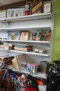 lot 50 image: NO SALE LOT #2 vintage gas cans, signs, vintage vinyl albums, golf clubs, lawn chairs, hardware, VHS movies, Nerf guns, artwork