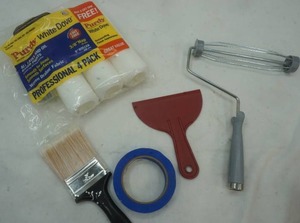 lot 94 image: paint lot 9 roller painters tape, scraper, 3 paintbrush. LIKE NEW LOT
