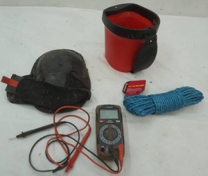 lot 110 image: rope, paint pail with handle, knee pad, multimeter