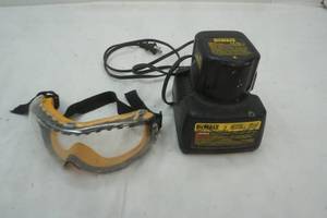 lot 150 image: DeWalt 12V XR battery and charging block with safety glasses