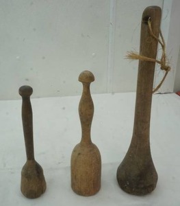 lot 200 image: Lot of 3 antique mashers. tallest one is 15