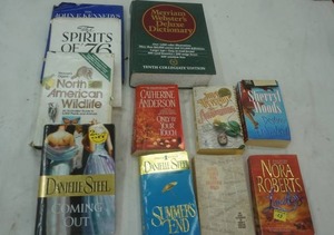 lot 211 image: Book Lot Websters Dictionary, Danielle Steel, Nora Roberts, and more