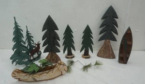lot 220 image: Tree Decor lot of cute pine tree decor and birch canoe and wooden canoe