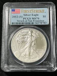 lot 02 image: 2012-S AMERICAN SILVER EAGLE PCGS MS70