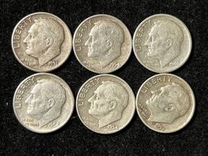 lot 06 image: GROUP OF 6 SILVER US ROOSEVELT DIMES
