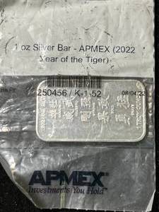 lot 62 image: 2022 YEAR OF THE TIGER 1 TROY OZ .999 FINE SILVER BAR