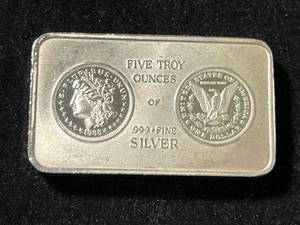 lot 73 image: 5 TROY OZ .999 FINE SILVER MORGAN DOLLAR DESIGNED BAR