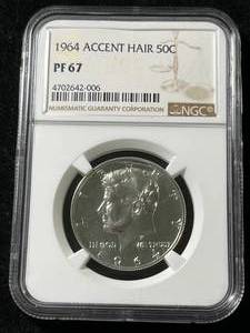 lot 95 image: 1964 US ACCENT HAIR KENNEDY HALF DOLLAR NGC PF67
