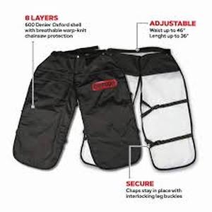 lot 17 image: Oregon Protective Chainsaw Chaps, Black, 8 Layers of Breathable Warp Knit Chainsaw Protection, 1-Size Fits All   Customer Returns See Pictures
