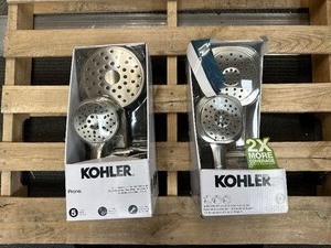 lot 77 image: 2 Kohler Magnetic Shower Heads - Stainless Steel - 1 Kohler Adjuste & 1 Kohler Prone