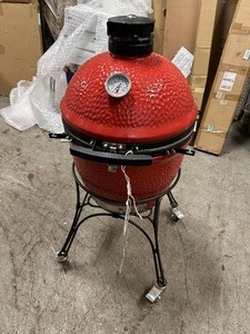 lot 3 image: Kamado Joe  Classic Joe II 18 in. Charcoal Grill in Red with Cart With Grill Cover - Retail $1409