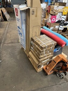 lot 126 image: Pallet  Bulk Lot of Outdoor Items Mostly Like New Including  Step 2 Pump & Splash, Cascade Pool Floats, Patio Umbrella Stands, Hose Reels
