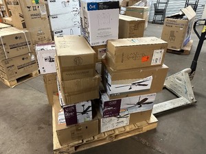 lot 121 image: Pallet of Light Fixtures  Ceiling Fans  Security Lights - Mix of New  Open Box - Untested