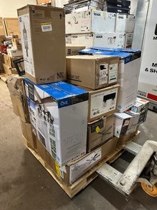 lot 152 image: Pallet of Ceiling Fans, Chandeliers, and Other Light Fixtures By Ove  Hamtpon Bay  Home Decorators Collections  More- Mix of New & Open Box