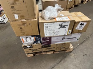 lot 200 image: Pallet of Ceiling Fans Light Fixtures  Cabinet Hardware  Toilet Seats  Curtains  New  Like New  Untested