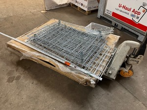 lot 215 image: Pallet Of Shelving Parts  Grating  & Box From A Gazebo Looks Like Roof Pieces