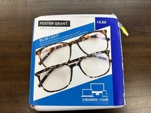 lot 247 image: 2 Pack of Design Optics By Foster Grant Blue Light Reading Glasses 2.50 - Open Box New