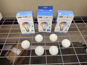 lot 382 image: 9 Open Box Like New Feit Smart - WIFI - Light Bulbs - App Controlled Color Changing - Untested Most IF Not All Will Work