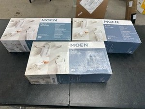 lot 412 image: 3 New Moen Karis 4 Piece Bathroom Hardware Kit Part # BH1293BN - Towel Bar, Towel Ring, Towel Hook, Toilet Paper Holder