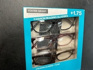 lot 443 image: New Open Box 3 Pack of Design Optics By Foster Grant Fashion Reading Glasses 1.75