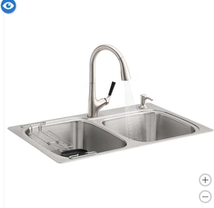 lot 38 image: New Kohler 75791-2PC-NA 2 Bowl Kitchen Sink Kit With Malleco Faucet